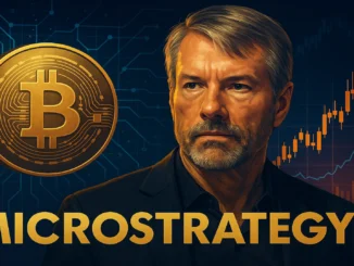 Digital illustration showing Bitcoin coins rising alongside a corporate skyscraper and financial charts symbolizing Strategy Inc.’s crypto-linked profits