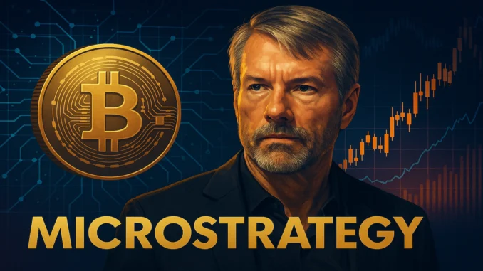 ChatGPT Image 31 окт. 2025 г., 02_07_01 Digital illustration showing Bitcoin coins rising alongside a corporate skyscraper and financial charts symbolizing Strategy Inc.’s crypto-linked profits