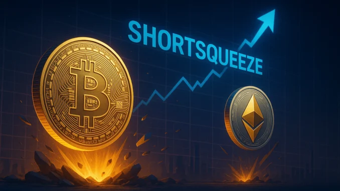 ChatGPT Image 31 окт. 2025 г., 02_46_14 Futuristic digital illustration showing a Bitcoin and Ethereum coin surrounded by red liquidation charts and collapsing short positions