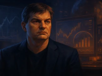 Cinematic digital illustration of Michael Burry in a dark, moody trading room with financial charts and a looming market bubble in the background
