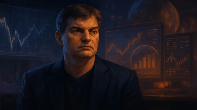 Michael Burry returns to warn about another bubble Cinematic digital illustration of Michael Burry in a dark, moody trading room with financial charts and a looming market bubble in the background