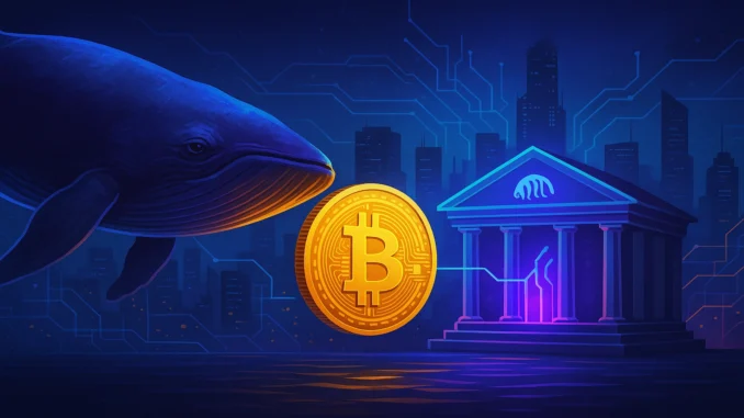 ogwhale_sells_btc_kraken Futuristic digital illustration showing a Bitcoin whale transferring coins to an exchange represented by glowing servers and blockchain data flow