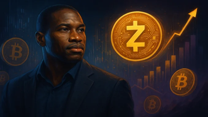 Hayes_zcash_rise Futuristic digital illustration of a glowing Zcash coin rising among Bitcoin symbols, representing market optimism and bullish sentiment