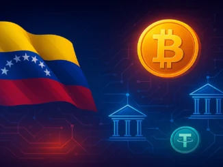 Digital illustration of Venezuela’s flag merging with Bitcoin and USDT symbols, showing banks connected by blockchain networks