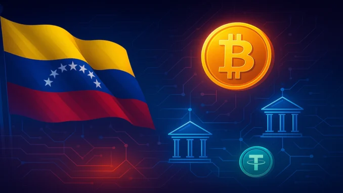 Venezuela_integrates_BTC_USDT Digital illustration of Venezuela’s flag merging with Bitcoin and USDT symbols, showing banks connected by blockchain networks