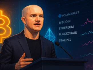 Digital illustration of Brian Armstrong speaking at a podium with glowing Bitcoin and Ethereum symbols as Polymarket betting charts flash in the background