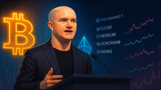 Coinbase CEO Brian Armstrong reads Polymarket bets live Digital illustration of Brian Armstrong speaking at a podium with glowing Bitcoin and Ethereum symbols as Polymarket betting charts flash in the background