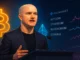 Digital illustration of Brian Armstrong speaking at a podium with glowing Bitcoin and Ethereum symbols as Polymarket betting charts flash in the background