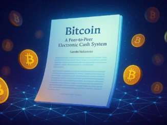 Futuristic digital illustration showing Satoshi Nakamoto’s Bitcoin Whitepaper glowing over a blockchain network with golden Bitcoin coins around it