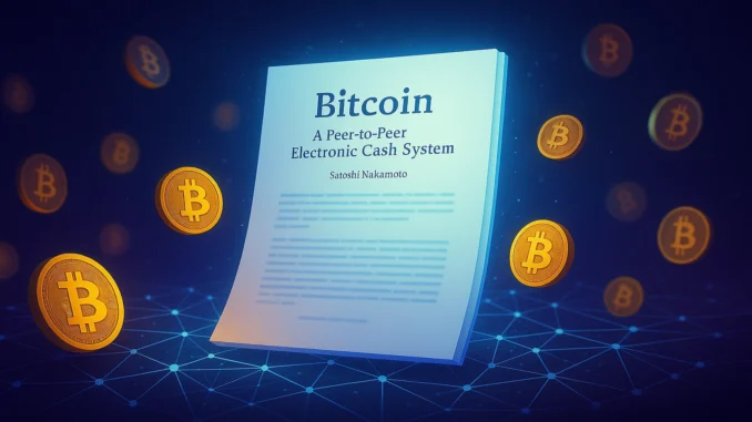 Bitcoin_Whitepaper_Satoshi Futuristic digital illustration showing Satoshi Nakamoto’s Bitcoin Whitepaper glowing over a blockchain network with golden Bitcoin coins around it