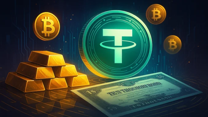Tether_Gold_Banks_Bitcoin Futuristic digital illustration showing Tether’s USDT coin surrounded by gold bars, Bitcoin symbols, and U.S. Treasury bonds glowing under digital light