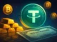 Futuristic digital illustration showing Tether’s USDT coin surrounded by gold bars, Bitcoin symbols, and U.S. Treasury bonds glowing under digital light