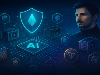 Illustration depicting decentralized AI computing network Cocoon on TON, with GPUs and blockchain nodes interconnected across a digital landscape