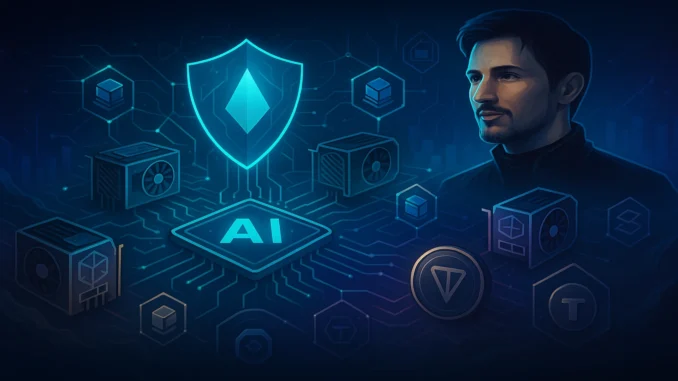 Illustration depicting decentralized AI computing network Cocoon on TON, with GPUs and blockchain nodes interconnected across a digital landscape