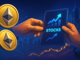 Futuristic digital illustration depicting Ethereum coins being exchanged for corporate shares, symbolizing ETHZilla’s large-scale ETH sell-off.