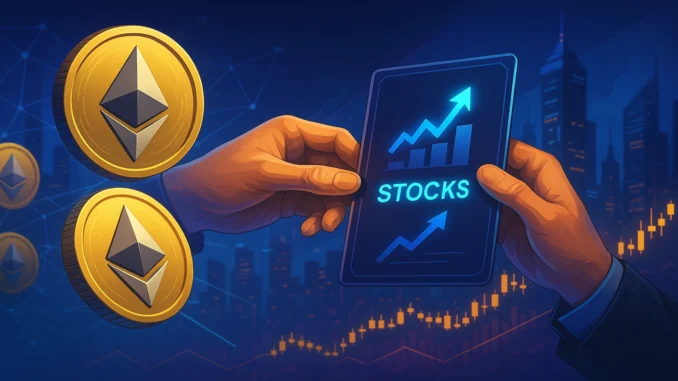 ETHZilla_40M_Selloff_1920x1080 Futuristic digital illustration depicting Ethereum coins being exchanged for corporate shares, symbolizing ETHZilla’s large-scale ETH sell-off.