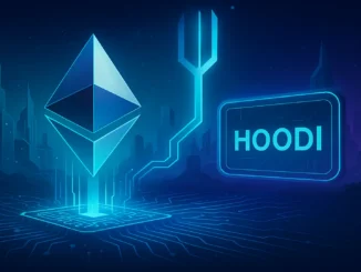 Futuristic digital illustration of the Ethereum network undergoing Fusaka hard fork testing on the Hoodi testnet, symbolizing blockchain upgrade and innovation.