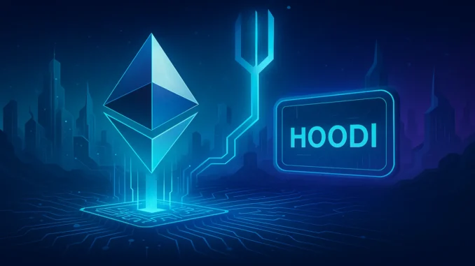 Ethereum_Fusaka_Hard_Fork Futuristic digital illustration of the Ethereum network undergoing Fusaka hard fork testing on the Hoodi testnet, symbolizing blockchain upgrade and innovation.