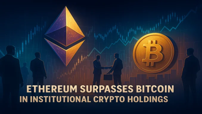Ethereum_Surpasses_Bitcoin_Treasuries Digital illustration showing Ethereum and Bitcoin symbols with institutional investors and financial graphs representing treasury accumulation