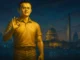 A golden statue of Binance founder CZ standing in a warehouse, set to be unveiled in Washington to honor his contribution to the crypto industry