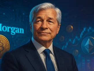 Futuristic digital illustration showing a corporate figure in a financial setting with digital coins and blockchain elements, symbolizing JPMorgan’s shift toward crypto acceptance.