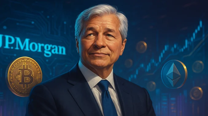 JPMorgan_CEO_Crypto_Future_1920x1080 Futuristic digital illustration showing a corporate figure in a financial setting with digital coins and blockchain elements, symbolizing JPMorgan’s shift toward crypto acceptance.
