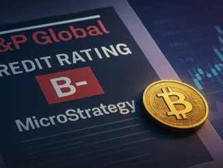 uturistic digital illustration showing Bitcoin coins balancing on financial scales under the S&P Global logo, symbolizing Strategy’s junk rating downgrade.
