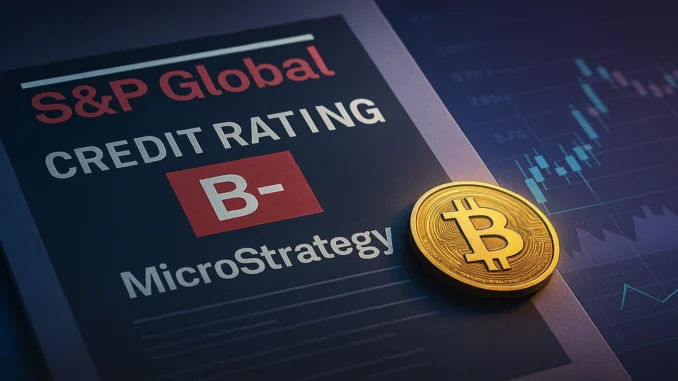 MicroStrategy_S_P_Global_Bitcoin uturistic digital illustration showing Bitcoin coins balancing on financial scales under the S&P Global logo, symbolizing Strategy’s junk rating downgrade.