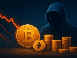 Digital illustration showing Bitcoin’s decline and Satoshi Nakamoto’s wealth drop amid a market downturn