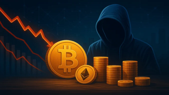 Digital illustration showing Bitcoin’s decline and Satoshi Nakamoto’s wealth drop amid a market downturn