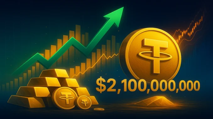 Tether_Gold_XAUT_1920x1080 Digital illustration of Tether Gold coins backed by physical gold bars, symbolizing tokenized real-world assets growth.