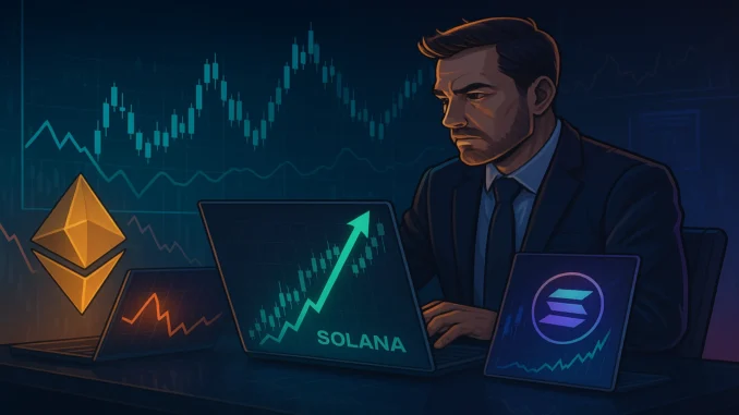 Trader_0xc2a3_SOL_ETH Digital illustration showing a professional crypto trader managing Ethereum and Solana positions with financial charts in the background