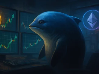 Futuristic digital illustration of a crypto whale overseeing trading charts with Bitcoin and Ethereum symbols, representing massive leveraged LONG positions.