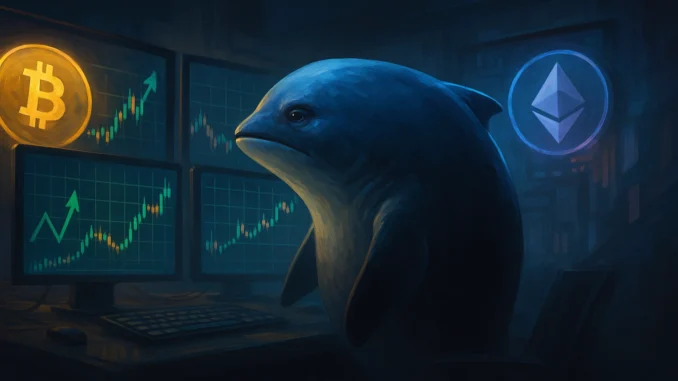Whale_Trader_0xc2a3_Hyperliquid_1920x1080 Futuristic digital illustration of a crypto whale overseeing trading charts with Bitcoin and Ethereum symbols, representing massive leveraged LONG positions.