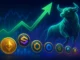 Futuristic digital illustration showing a bullish crypto market with rising altcoins and blockchain data streams, symbolizing the predicted altcoin season.