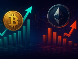 Futuristic digital illustration of Bitcoin coins rising while Ethereum coins descend, symbolizing ETF inflows to Bitcoin and outflows from Ethereum.