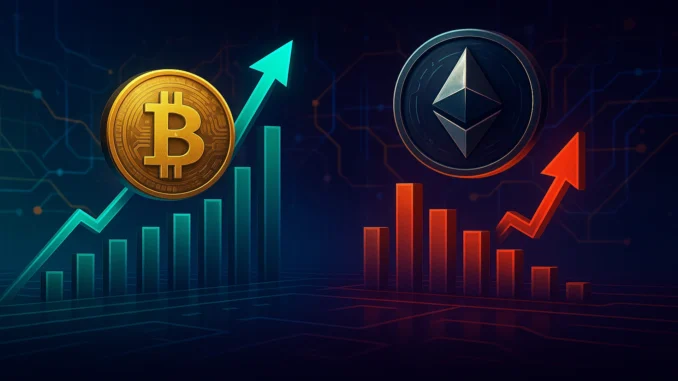 bitcoin_ethereum_etf_flows Futuristic digital illustration of Bitcoin coins rising while Ethereum coins descend, symbolizing ETF inflows to Bitcoin and outflows from Ethereum.