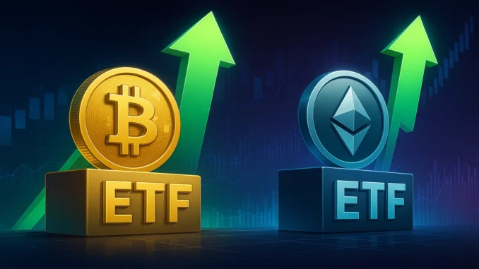Digital illustration showing Bitcoin and Ethereum coins with dynamic inflow charts representing institutional ETF investment growth