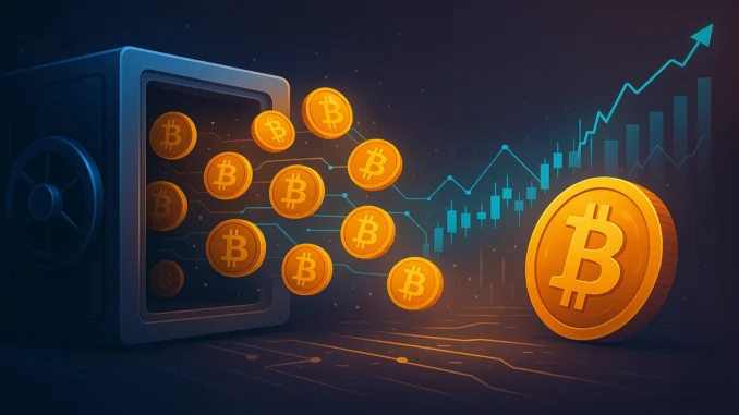 bitcoin_illiquid_supply_2 A futuristic digital illustration showing Bitcoin coins emerging from cold storage wallets into dynamic market charts, symbolizing renewed liquidity and trading activity.