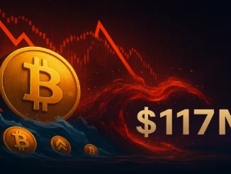 Digital illustration showing a Bitcoin price crash and liquidation wave with a red trading chart and BTC symbols