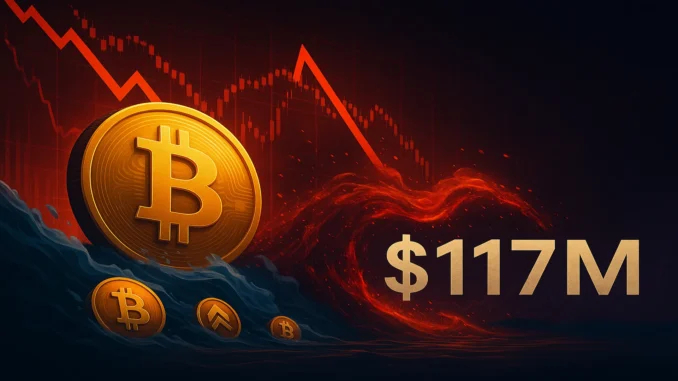 Digital illustration showing a Bitcoin price crash and liquidation wave with a red trading chart and BTC symbols