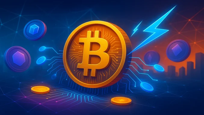 bitcoin_rgb_lightning_tokenization_1920x1080 Futuristic digital illustration showing the Bitcoin network connected to glowing tokenized assets and Lightning nodes, symbolizing Bitcoin’s evolution toward tokenization.