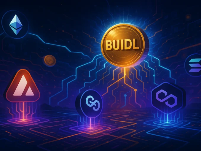 Futuristic digital illustration showing multiple interconnected blockchains like Ethereum, Avalanche, Polygon, and Solana connected to a glowing BlackRock BUIDL token.
