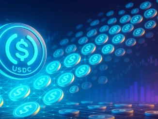 Futuristic digital illustration showing billions of glowing USDC coins flowing into blockchain networks, symbolizing Circle’s $7.75B issuance and potential altseason fuel.
