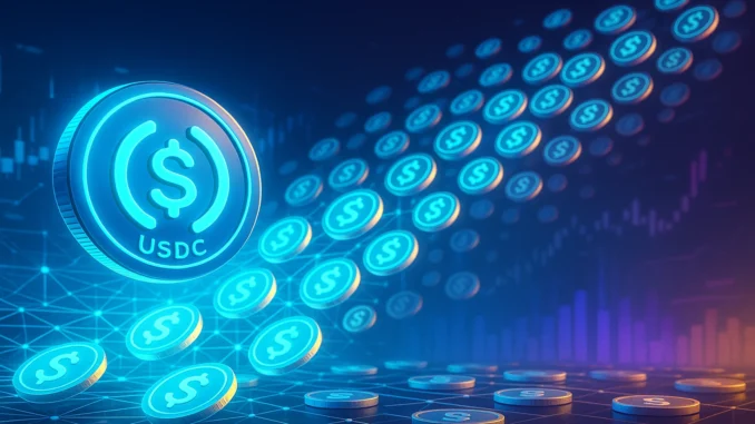 circle_usdc_mint Futuristic digital illustration showing billions of glowing USDC coins flowing into blockchain networks, symbolizing Circle’s $7.75B issuance and potential altseason fuel.