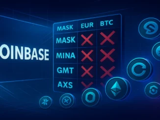 Digital illustration representing Coinbase delisting several crypto trading pairs, showing crypto symbols fading from a trading board