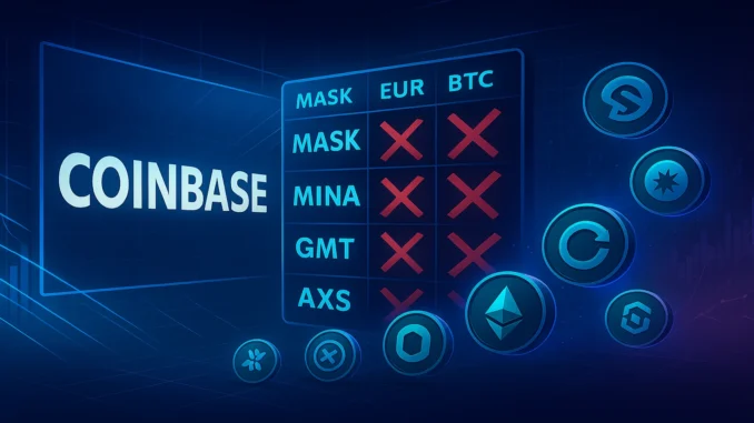 coinbase_delisting_pairs Digital illustration representing Coinbase delisting several crypto trading pairs, showing crypto symbols fading from a trading board