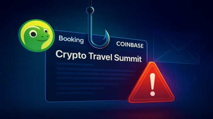 Illustration of a phishing scam targeting crypto users with fake travel summit invitations, featuring digital emails and security alerts