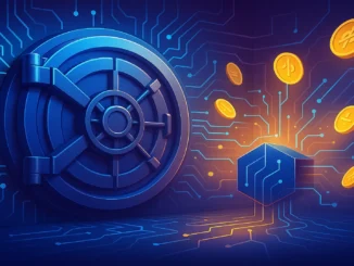 Stylised illustration of a modern bank vault merging with blockchain circuits and digital coin flows, representing Crypto.com’s charter application and crypto-bank convergence.