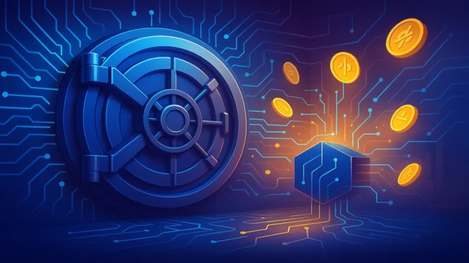crypto_bank_vault_blockchain_1920x1080 Stylised illustration of a modern bank vault merging with blockchain circuits and digital coin flows, representing Crypto.com’s charter application and crypto-bank convergence.